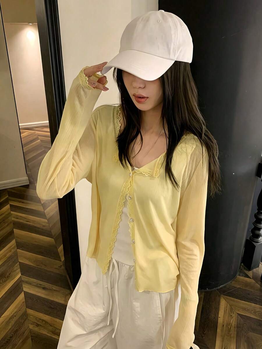 春/夏新款蕾絲拼接花卉飾邊軟針織開襟衫輕量外套上衣女款,鄉村風黃色 - 黃色 - 查看 1