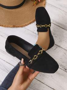 Mocasines planos casuales con decoración de diamante de imitación para mujer, versátiles para todas las estaciones - Negro - Ver 5