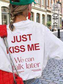 T-Shirt Da Donna Estiva Con Stampa Di Lettere Rosse, Maglietta Bianca In Cotone Con Slogan Casual Stile Y2K Streetwear, Top Comodo Girocollo - 黑色 - 查看 10