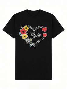 Women's Summer T-Shirt, Casual, Soft, Round Neck, Short Sleeve, Floral Print With Heart And The Word "Mom". White. - 黑色 - 查看 4