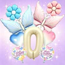 Conjunto de globos con temática de mariposas soñadoras, incluye globos con números en blanco lechoso, globos de mariposas en degradado rosa y azul, globos de margaritas, globos de corazones en degradado, adecuado como regalo sorpresa para niños y niñas, fiesta de cumpleaños con tema de hadas, reunión lúdica entre padres e hijos, decoración de habitación femenina, celebración o fiesta del centésimo día del bebé, creando una atmósfera de fiesta inspirada en cuentos de hadas, alegre, suave y enérgica - Ver 3