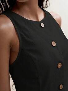 2026 Luxury Linen French Relaxed Suit Set – Sleeveless Blazer Vest & Slit Shorts Two Piece - 黑色 - 查看 4