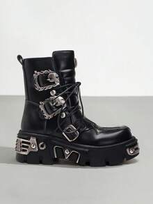 AYUSTONG Women's Solid Black Punk Style Wedge Platform Ankle Boots, Front Lace-Up Metal Buckle Zipper Decor Combat Boots - Black - View 11