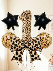 6pcs 40-Inch Number Balloon Set, Large Leopard Print Bow Foil Balloons, 18-Inch Leopard Print Round Balloons, Star Balloons, Large 0-9 Number Balloons, Suitable For Birthday Party, Animal Theme Party, Baby Shower Decoration - Multicolor - View 1