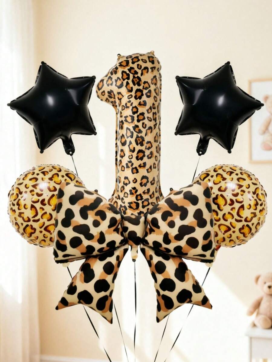 6pcs 40-Inch Number Balloon Set, Large Leopard Print Bow Foil Balloons, 18-Inch Leopard Print Round Balloons, Star Balloons, Large 0-9 Number Balloons, Suitable For Birthday Party, Animal Theme Party, Baby Shower Decoration - Multicolor - View 1
