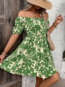 New Printed Casual Off-Shoulder Dress, Short-Sleeved Loose Floral Print Dress - Blue - View 9