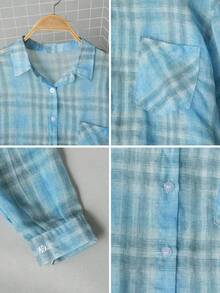 Camisa de botones con bolsillo a cuadros semitransparente para mujer, blusa holgada de manga larga estilo callejero dulce casual lindo para vacaciones, camisa de cuadros finos azul para mujer, cárdigan holgado de verano con solapa y bolsillo de manga larga - Azul - Ver 9