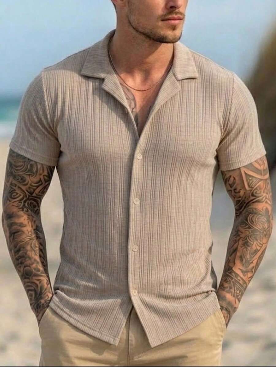 Men's Casual Ribbed Resort Shirt Short-Sleeve Button-Down Camp Collar