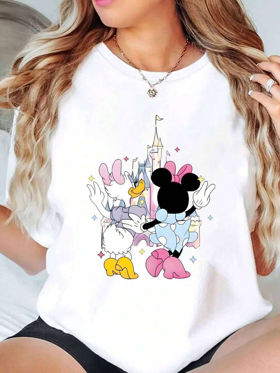 Disney Camiseta de mujer con estampado del castillo de Minnie Mouse y Daisy Duck, de cuello redondo, manga corta, casual para uso diario y vacaciones, suave y cómoda de 220g - Blanco - Ver 1