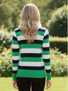 Women's Striped Sweater Top | Women's Long Sleeve Striped Top | Striped V-Neck Top - 海軍綠 - 查看 3