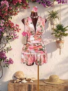 Vestido de vacaciones sin mangas con cuello en V profundo, estampado floral y drapeado - Multicolor - Ver 5
