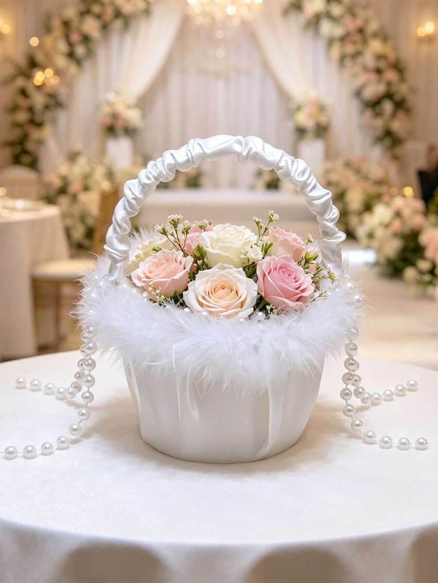 1件白色蕾絲珍珠手柄花童籃,兒童新娘手提花籃,婚禮儀式裝飾 - 白色 - 查看 1