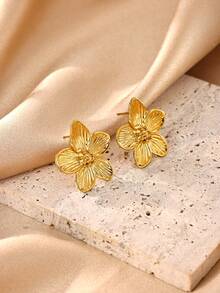 1Pair Elegant Stainless Steel Bloom Flower Earrings For Women Gold Color New Style Flower Earring Jewelry Wedding Her Gift Punk - Gold - View 5