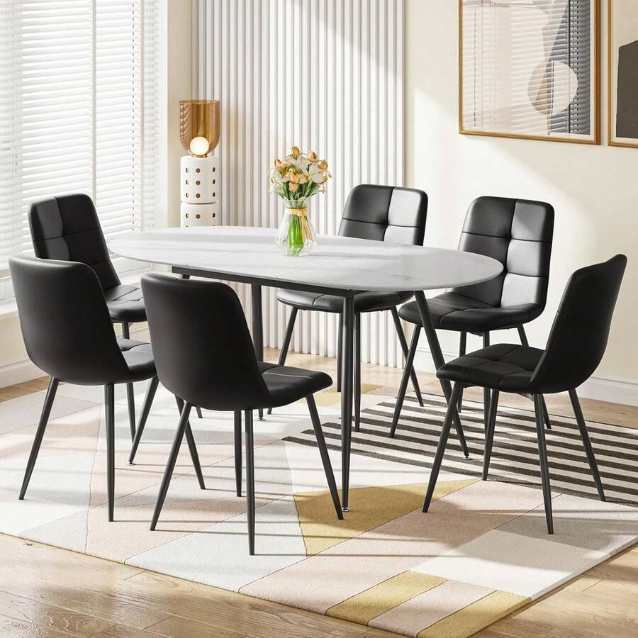 Extendable Dining Table And Chairs Set 6, 120-160cm Oval Marble Effect Table With 6 Black Upholstered PU Leather Chairs For Dining Room, Kitchen - 6 Black PU Blades - View 1