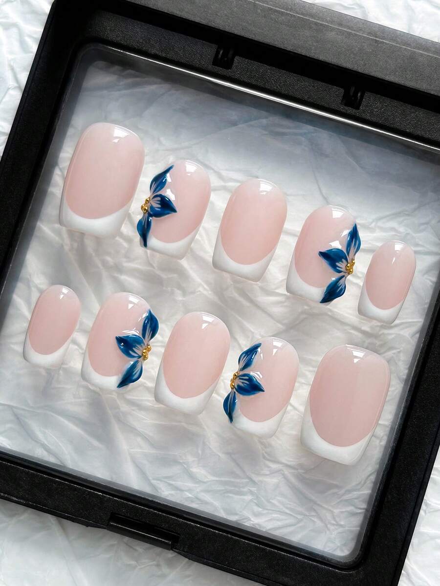 10片裝方形手工壓接式假指甲,白色法式指尖、3D花卉雕刻,極簡可愛壓克力假指甲,適合女孩與女性日常及度假美甲裝飾,附果凍膠與指甲銼條 - 彩色 - 查看 1