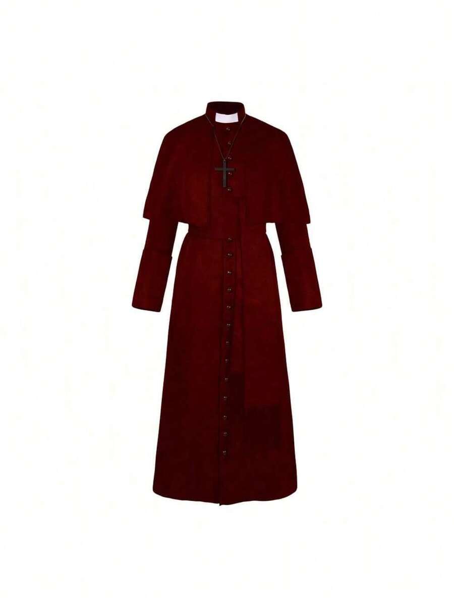Cosplay Clothing - Solid-color Burgundy Priest's Robe (with Cross Included) - View 1