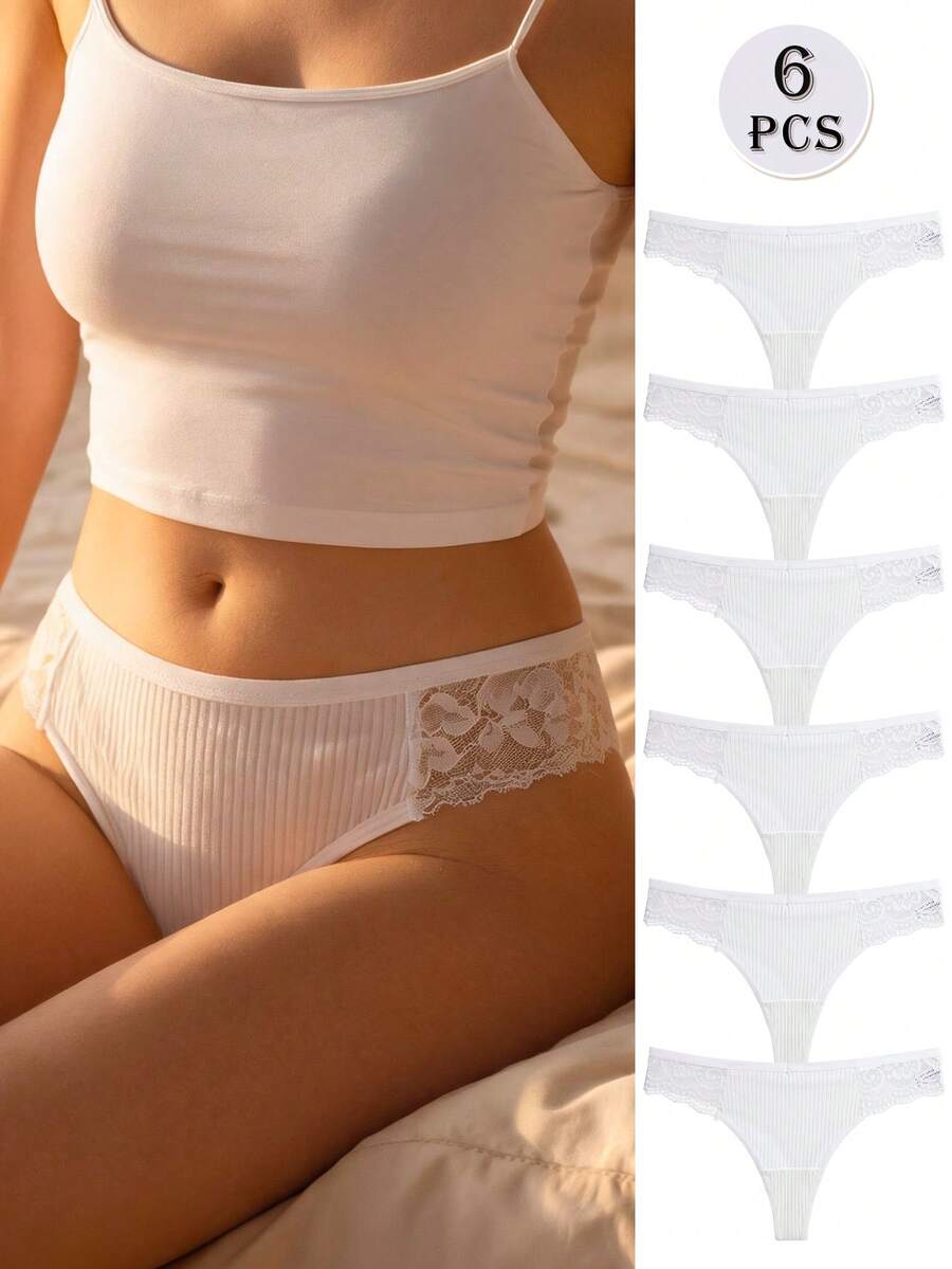 6件組女款純棉蕾絲內褲，白色透氣舒適丁字褲 - 白色 - 查看 1