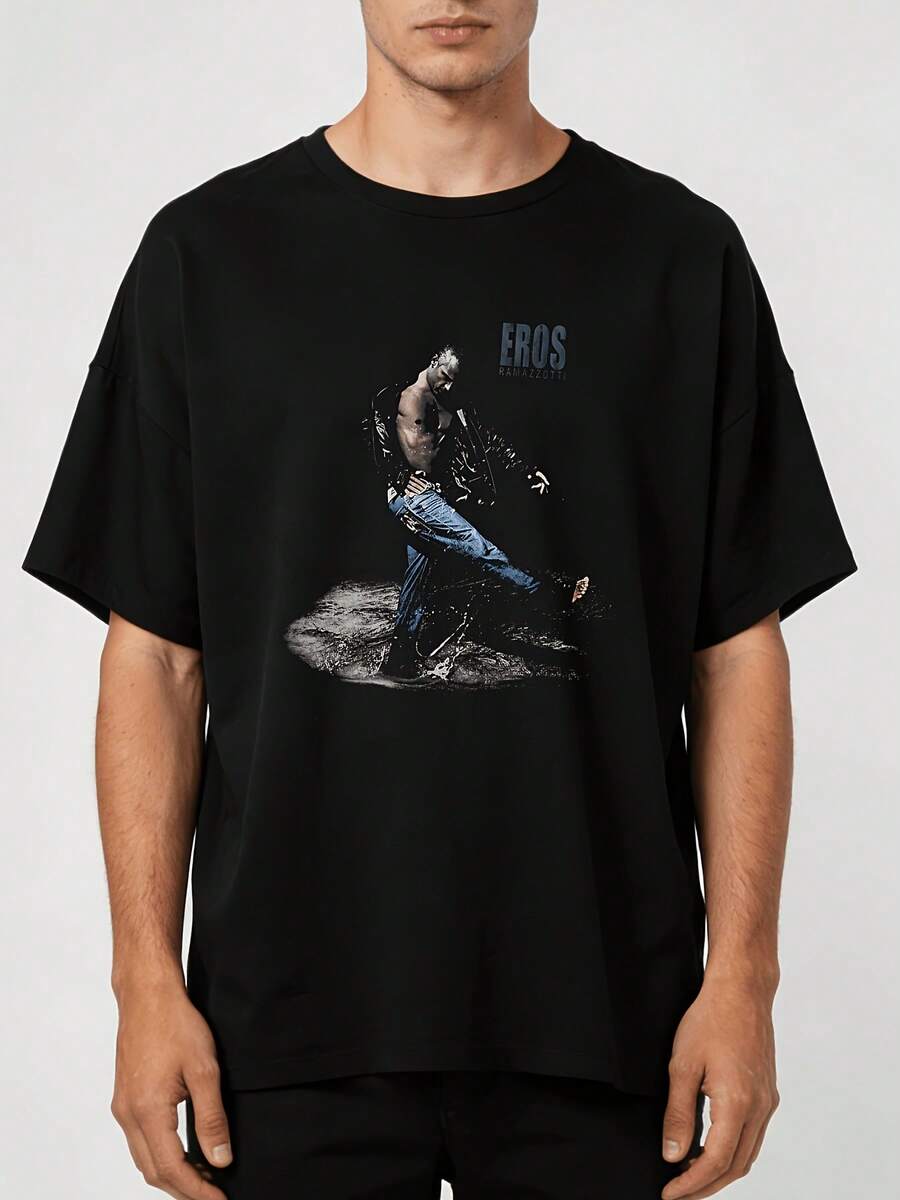 Hochwertiges Herren-T-Shirt, signiert von Eros Ramazzotti auf seiner Welttournee – Original signiertes T-Shirt, dickes 100% Strickgewebe, ikonischer Buchstabenprint, geeignet für Konzerte und den Alltag – ikonisches "S" - Schwarz - Übersicht 1
