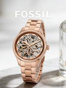 Fossil 女士玫瑰金自动机械镂空表盘花卉雕刻机芯表圈玫瑰金不锈钢表带优雅女士腕表，送给妻子、女友、母亲、姐妹、伴娘、婚礼、周年纪念日的礼物 - 玫瑰金 - 查看 1
