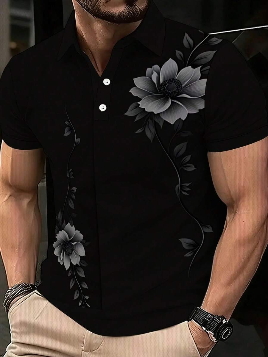 Men's Gray Floral Vine Polo Shirt Trendsetter Breathable Lightweight Artistic Print  Summer Summer - Black - View 1