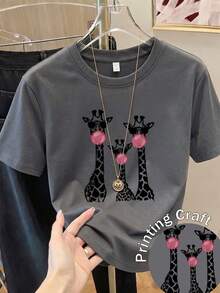 Women's Short-Sleeved Printed T-Shirt, Spring Clothing, Holiday Outfit, Black For Summer, Beach Look, Vacation Style, Country Style, Women's Office Outfit. - 深灰色 - 查看 7