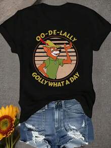 Plus Size, Plus Size "Robin Hood Fox - OO - DE - LALLY Retro Cartoon Charm" Playful & Nostalgic Graphic Print Women's Crewneck Tee Shirt, Graphic Printed Plus Size Women's Crewneck Tee Shirt, Comfortable All Seasons, Machine Washable - 黑色 - 查看 1