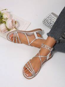 Silver Rhinestone Elastic Band Sandals For Women, Cross Strap Design Flat Shoes, Vacation Style Fairy Roman Sandals,Summer Shoes - Silver - View 3
