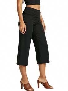 Womens Wide Leg Capris Casual Fold Over Waist Stylish Solid Color Mid Rise Cropped Pants - Black - View 3