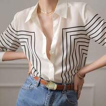 Women's fashion YUXIN Blusa de seda con rayas geométricas para mujer, de manga larga y ajustada con cuello, transpirable y de moda, adecuada para la oficina/ocasiones sociales ligeras casuales - Rojo - Ver 2