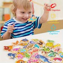 15 piezas/31 piezas Juego de pesca magnético de madera con formas de criaturas marinas, juguete de rompecabezas magnético, adecuado para juegos interactivos para niños. Regalo ideal para cumpleaños/Navidad, conjunto de juegos de desarrollo cognitivo - Multicolor - Ver 6