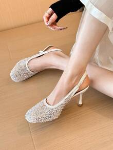 Xin Jing Shoes 女款新款亮片網紗優雅休閒性感派對細高跟鞋,時尚百搭圓頭網布綁帶中跟女士涼鞋,夏季鞋 - 米色 - 查看 3
