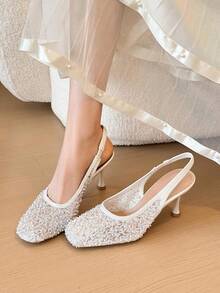 Xin Jing Shoes 女款新款亮片網紗優雅休閒性感派對細高跟鞋,時尚百搭圓頭網布綁帶中跟女士涼鞋,夏季鞋 - 米色 - 查看 5