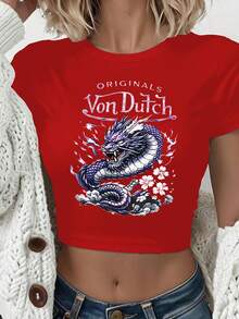 Van Dutch Dragon Sakura Graphic Women's Casual Solid Color Crew Neck Short Sleeve Slim Fit Cropped T-Shirt Basic Summer Polyester Top, Versatile Everyday Wear, Perfect Gift For Her - 紅色 - 查看 1
