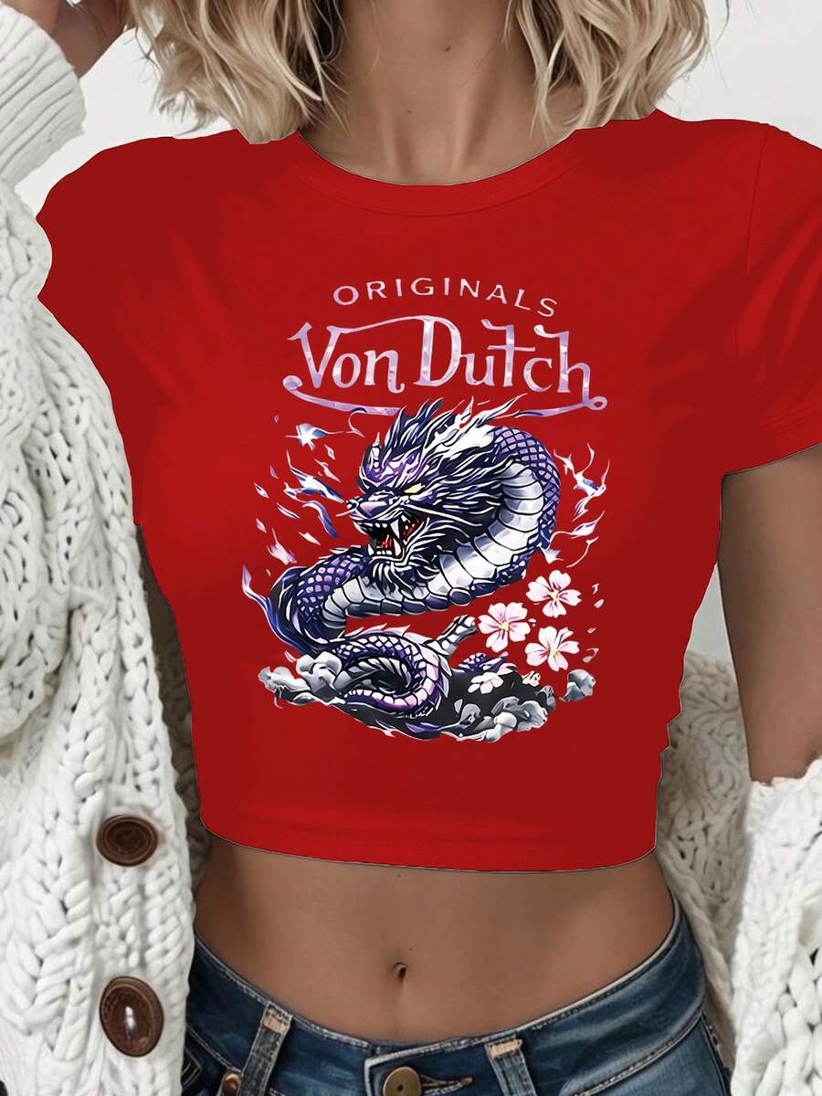 Van Dutch Dragon Sakura Graphic Women's Casual Solid Color Crew Neck Short Sleeve Slim Fit Cropped T-Shirt Basic Summer Polyester Top, Versatile Everyday Wear, Perfect Gift For Her - 紅色 - 查看 1
