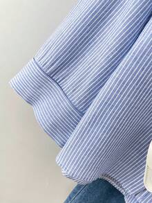 Camisa holgada de manga larga con hombros caídos, de botones y estampado de rayas, para mujer, de primavera - Azul - Ver 5