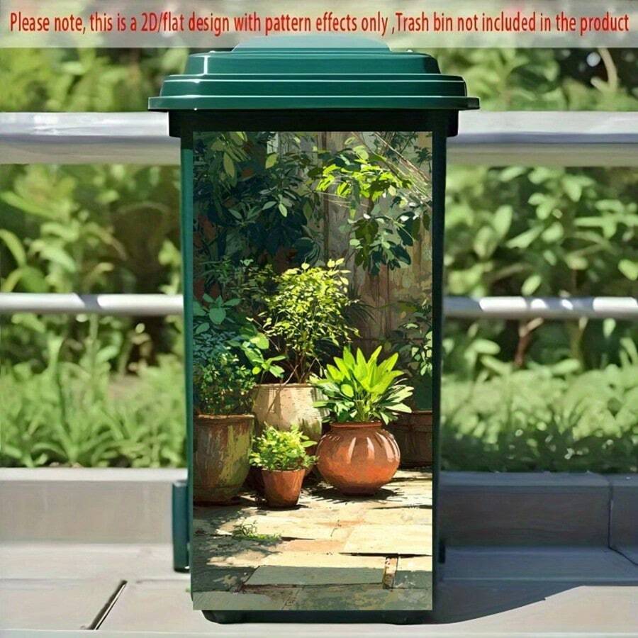 1pc Garbage Can Sticker, Decal, Sunshine Potted Plant Pattern Green Plant Theme, Creative Garbage Can Sticker, Suitable For Outdoor Trash Cans, Garbage Cans And Wall Sticker Decoration, 2D Flat - A - View 1