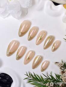 10片手工杏仁形美甲貼紙，金色，細膩閃亮細節，不對稱邊緣，法式美甲尖端與金色星星圖案，時尚簡約高端，適合優雅女性日常外出與通勤佩戴 - 彩色 - 查看 4