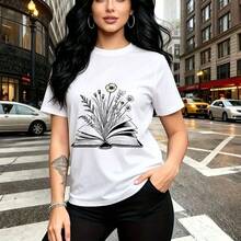 Camiseta negra de mujer con diseño bordado floral en gris y detalle engastado - ajuste cómodo y estilo urbano moderno, ideal para paseos por la ciudad o salidas casuales - regalo perfecto para mamá, esposa, novia, hermana mayor y hermana menor - Blanco - Ver 9
