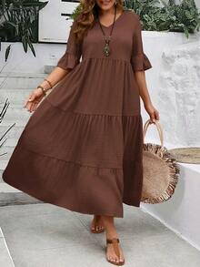 Vestido largo de color amarillo para mujeres de talla con cuello en V profundo, mangas con ribete de volantes y dobladillo con varios niveles para el verano - Azul y blanco - Ver 8
