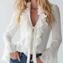 Camisa elegante y casual de manga larga de gasa blanca con cuello en V con volantes y cintura con lazo, mangas acampanadas, adecuada para primavera, verano y otoño, tela de gasa transparente - Negro01 - Ver 2