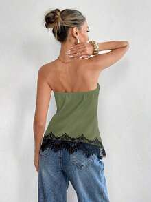 Top bandeau de satén mate con ribete de encaje, de moda casual de verano para playa y resort para mujer - Verde - Ver 2