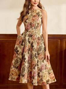 Vestido de mujer elegante y clásico vintage, vestido de jacquard ajustado para primavera/verano, vestido de cuello barco, vestido floral rosa sobre base albaricoque, vestido con flores de rosa, vestido de vuelo de longitud media - Albaricoque - Ver 5