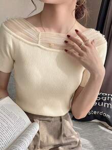 French Elegant Off Shoulder Mesh Splice Beaded Knit Sweater, Versatile Fitted Crop Top For Work, Dating, Vacation Summer - Apricot - View 6