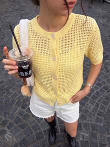 女款休閒可愛單排扣 POLO 領純色針織開襟衫 街頭風 夏季度假 - 黃色 - 查看 2