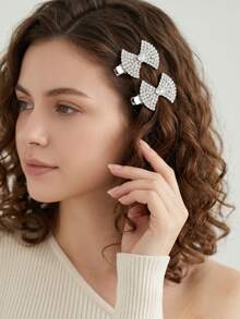 2pcs Sparkling Rhinestone Bowknot Hair Clips, Elegant Side Bangs Duckbill Clips, Princess Style Party Hair Accessories For Women - Silver - View 3