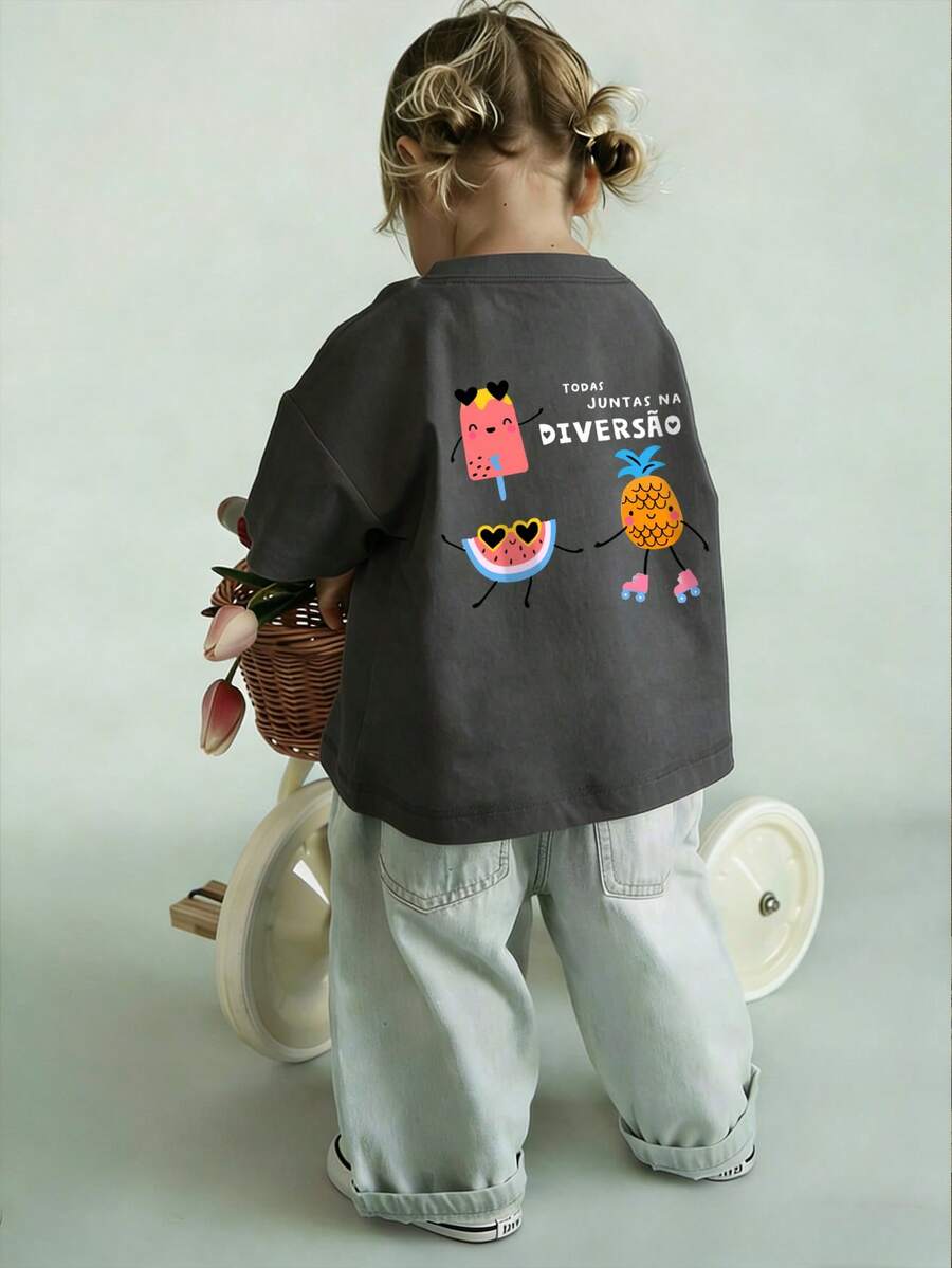 Retro Baby Girls Short Sleeve Top, Loose Round Neck Breathable Basic Style Infant Toddler Girls Outdoor Casual Wear - Dark Grey - View 1