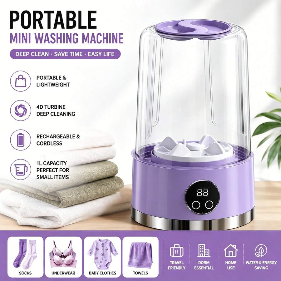 Portable Mini Washing Machine – Rechargeable 1L Underwear & Socks Washer With 4D Turbine Cleaning For Home, Travel & Dorm Use - Purple - View 1