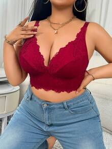 Women's Plus Size Deep V Full Lace Sexy Long Bra, Burgundy Lace Strap Wireless Comfortable Lingerie - Burgundy - View 2