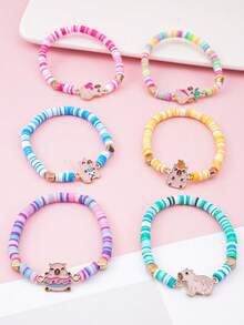 6pcs/Set Cute Capybara Bracelet Set For Girls, Colorful Polymer Clay Beads Adjustable Bangle, Cartoon Animal Friendship Gift Jewelry - Multicolor - View 12