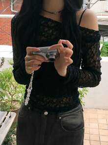 Solid Color Off-Shoulder Long Sleeve Sexy Elegant Hollow Lace Top (No Inner Lining) Casual Black - Black - View 2